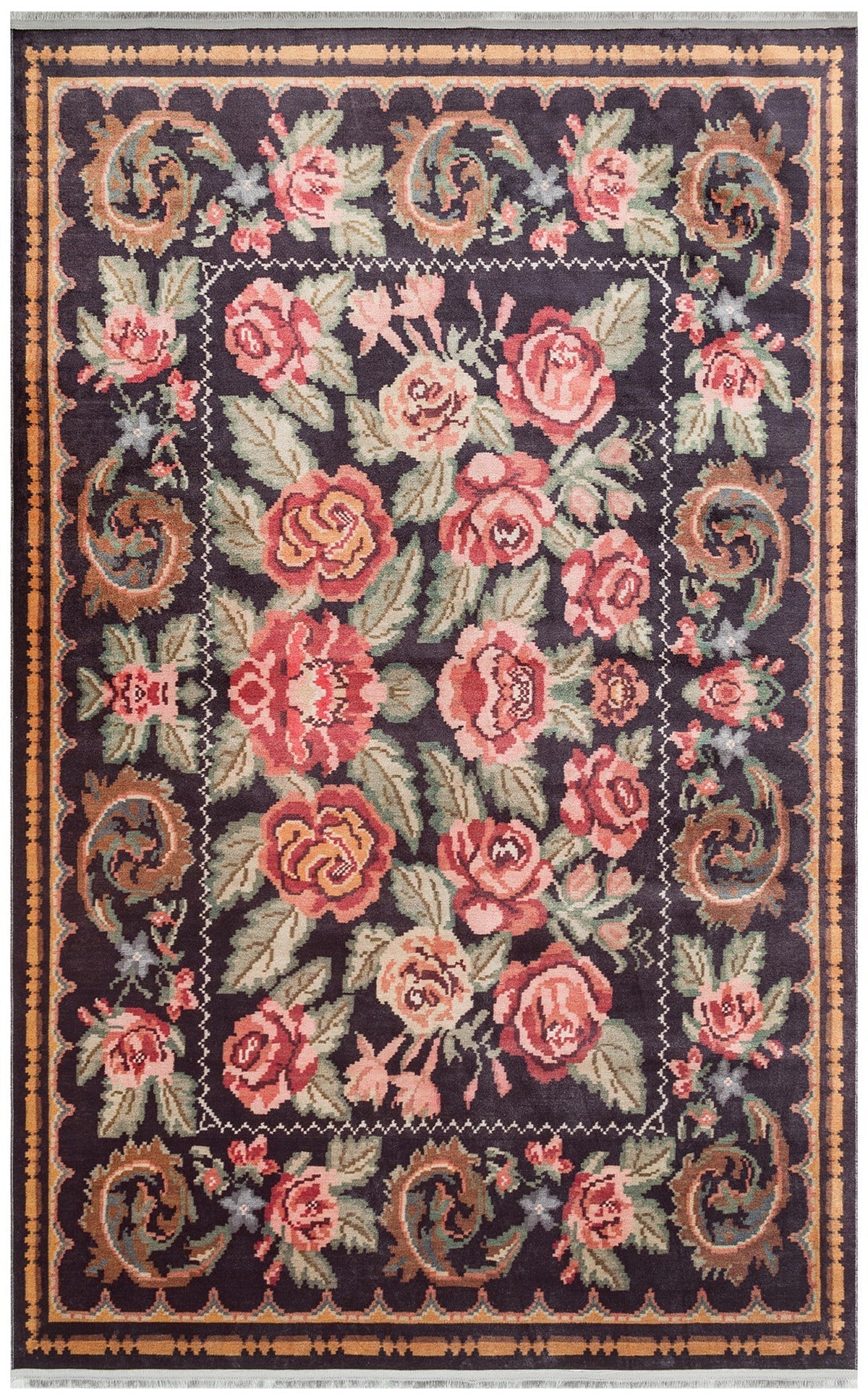 Kadim Black KDM07 Antik Desenlere Sahip Makinede Yıkanabilir Vintage Salon Oturma odası Koridor Mutfak Halısı